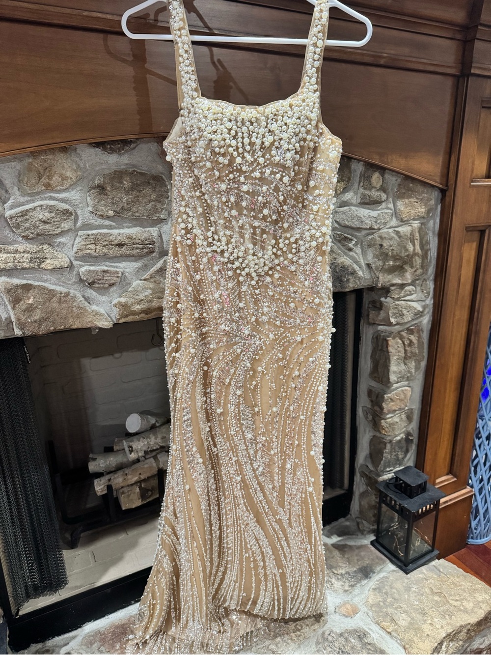 Beaded Champagne Formal Prom Dress with Pearl Embellishment